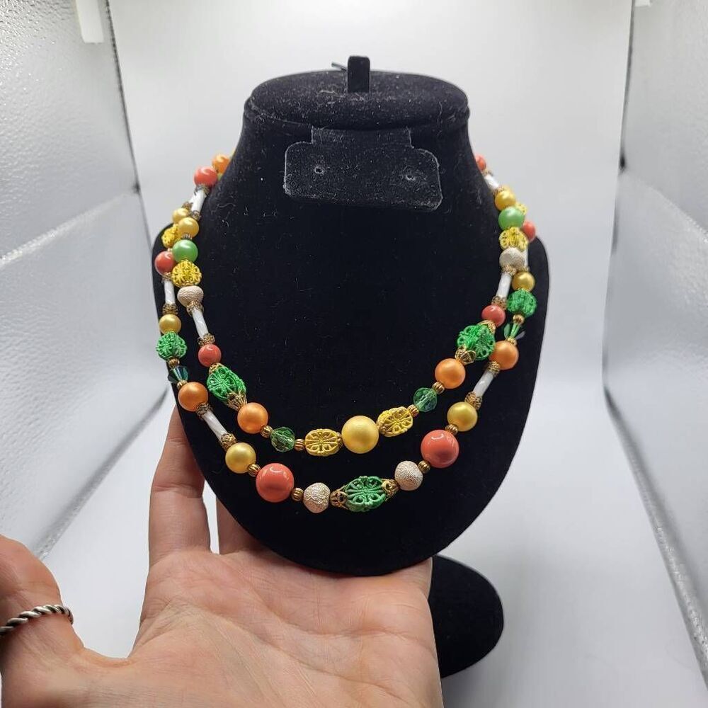 Rare Vintage 50s Double Strand Russian Pastel Necklace with AB Crystal Beads